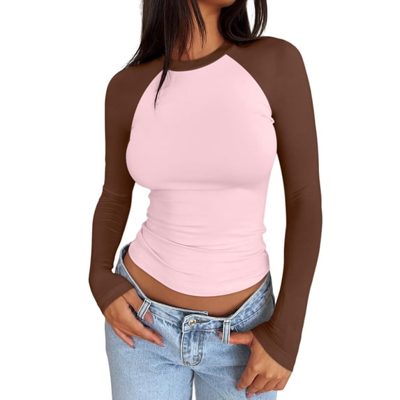 Dweltoz Women's Color Block Raglan Shirts Slim Fit Long Sleeve Top Crew Neck Basic Tee Casual Going Out Tops,Pink XL