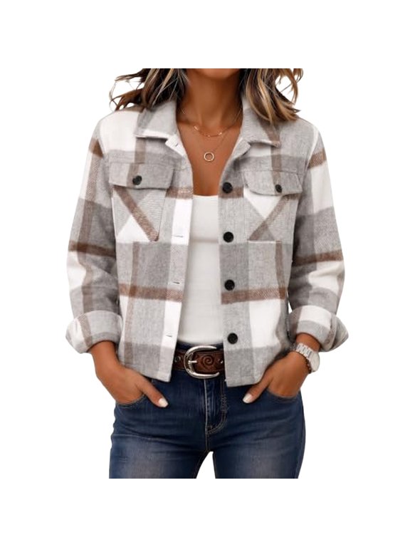 Women's Cropped Plaid Shacket Jacket Long Sleeve Button Down Coat with Pockets Cropped Lapel Shirt Lightweight Casual Winter Outwear Outfits,Light Gray XL