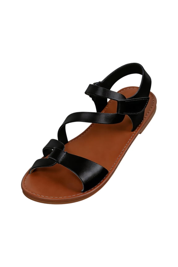 Women's Cross Strappy Sandals Gladiator Summer Soft Elastic Ankle Walking Shoes Retro Casual Round Toe Solid Sandal,Black 43