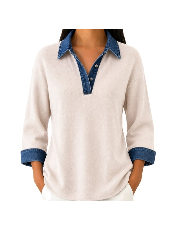 Women's Denim Collar Sweater Long Sleeve Pullover Top with Button Placket Casual Relaxed Fit Contrast Trim Sweater,Beige XL