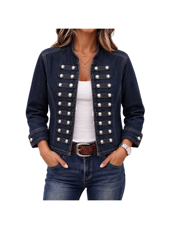 Women's Denim Jacket Long Sleeve Stand Collar Decorative Button Coat Fall Vintage Lightweight Gothic Cropped Jean Jacket,Dark Blue L