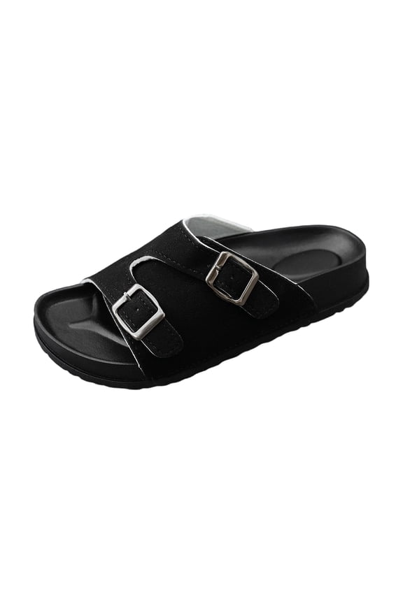 Women's Flat Sandals Slip on Open Toe 2 Straps Adjustable Buckle Slip Comfortable Shoes Cork Footbed Synthetic Leather Summer Casual Mules,Black 41
