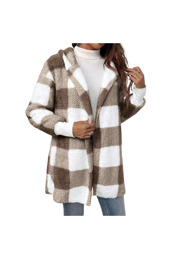Women's Fleece Jackets Coats Plus Size Plaid Lined Open Front Hoodies Oversized Winter Warm Jacket Shacket Fuzzy Hoodies Coats with Pockets,Khaki 3XL