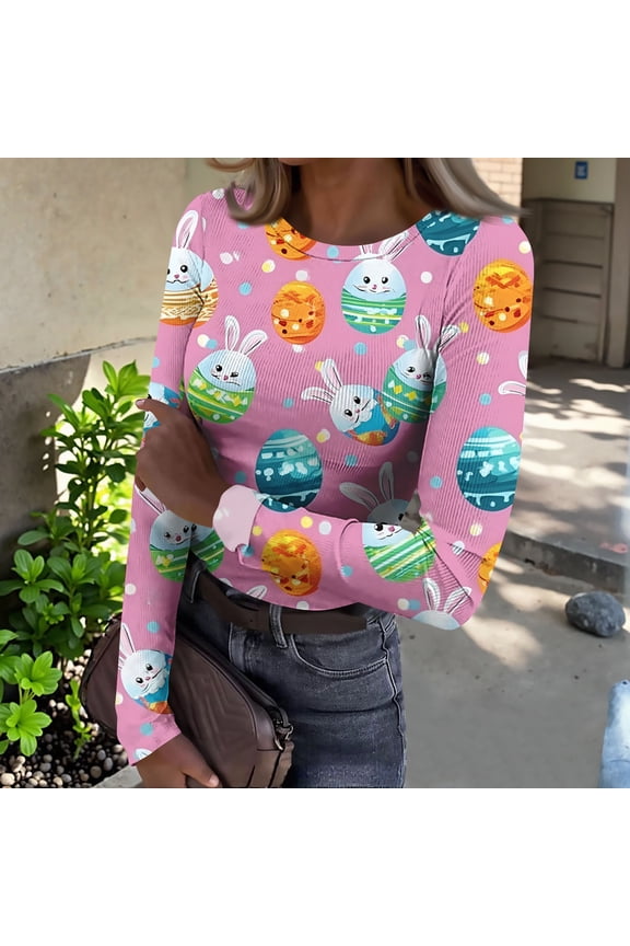 Women's Happy Easter Shirt Rabbit Bunny Happy Tshirt Crew Neck Casual Tops Tee Spring Long Sleeve Slim Fit Blouse 2026,Pink L
