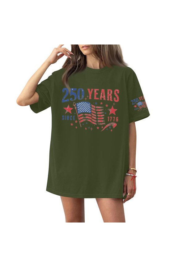 Women's July 4th T Shirts Usa Print Casual Top Short Sleeve Plus Size T Shirt Summer 250 Year Anniversary Usa Solid Color Crew Neck Tee,Army Green 4XL