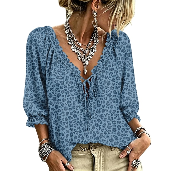 Dweltoz Women's Leopard Print Boho Tops Peasant Blouse Lace Up V Neck 3/4 Sleeve Ruffle Loose Fit Casual Fall Shirt,Blue S