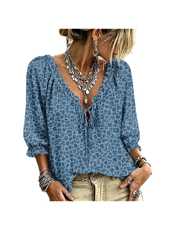 Women's Leopard Print Boho Tops Peasant Blouse Lace Up V Neck 3/4 Sleeve Ruffle Loose Fit Casual Fall Shirt,Blue S