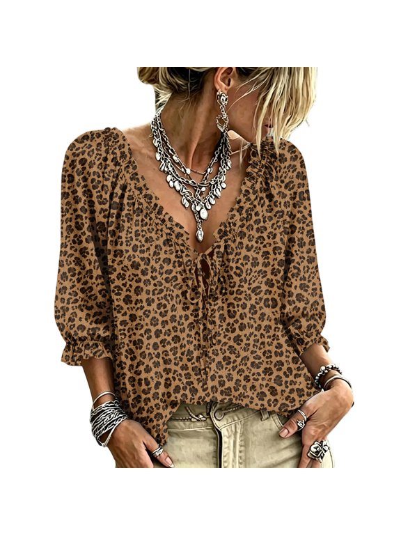 Women's Leopard Print Boho Tops Peasant Blouse Lace Up V Neck 3/4 Sleeve Ruffle Loose Fit Casual Fall Shirt,Coffee XL