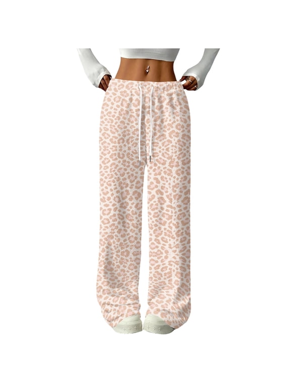 Women's Leopard Print Fleece Wide Leg Sweatpants Baggy Lounge Pants Drawstring Elastic Waist Straight Leg Casual Pants with Pockets Y2K Fall Winter Outfits,Complexion L