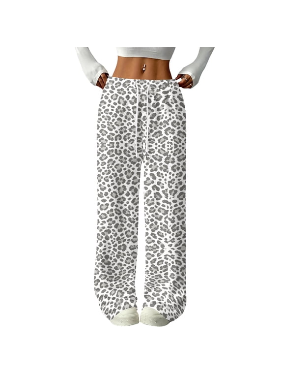 Women's Leopard Print Fleece Wide Leg Sweatpants Baggy Lounge Pants Drawstring Elastic Waist Straight Leg Casual Pants with Pockets Y2K Fall Winter Outfits,Light Gray L