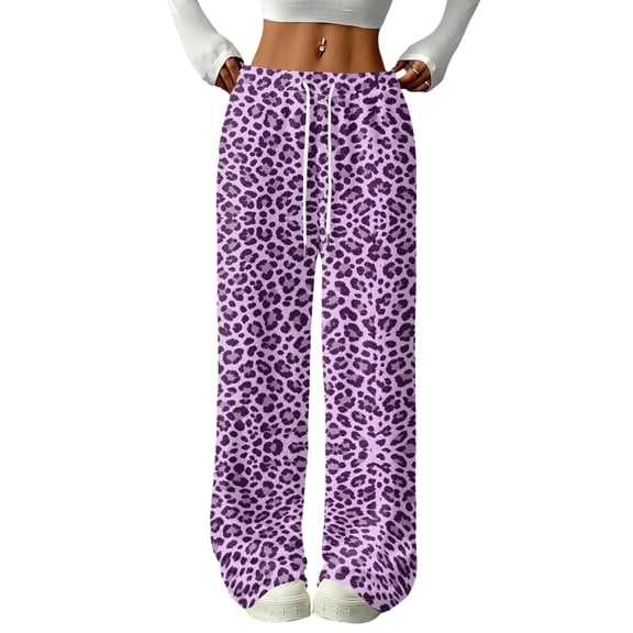 Dweltoz Women's Leopard Print Fleece Wide Leg Sweatpants Baggy Lounge Pants Drawstring Elastic Waist Straight Leg Casual Pants with Pockets Y2K Fall Winter Outfits,Purple L