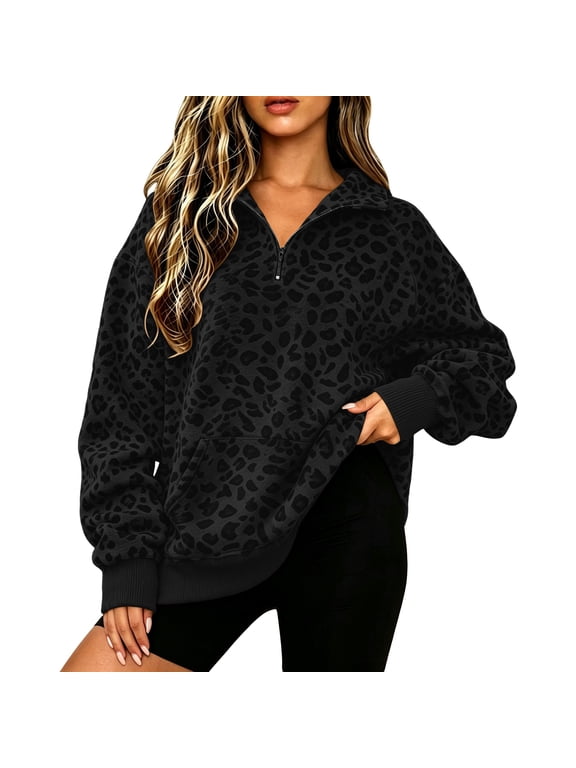 Women's Leopard Print Quarter Zip Sweatshirt Oversized Long Sleeve Pullover Collared Top Kangaroo Pocket Casual Fall Sweatshirt,Black L