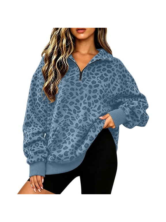 Women's Leopard Print Quarter Zip Sweatshirt Oversized Long Sleeve Pullover Collared Top Kangaroo Pocket Casual Fall Sweatshirt,Blue XL