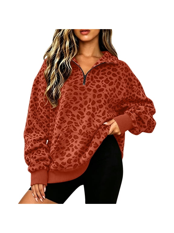 Women's Leopard Print Quarter Zip Sweatshirt Oversized Long Sleeve Pullover Collared Top Kangaroo Pocket Casual Fall Sweatshirt,Red XL