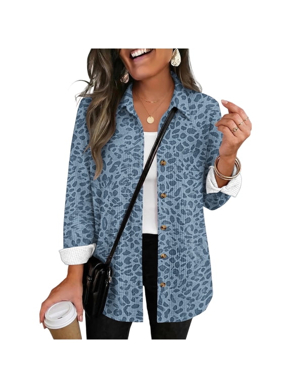 Women's Leopard Print Waffle Knit Shacket Loose Fit Button Down Shirt Long Sleeve Collared Top with Chest Pocket Casual Fall Shirt Jacket,Blue XL