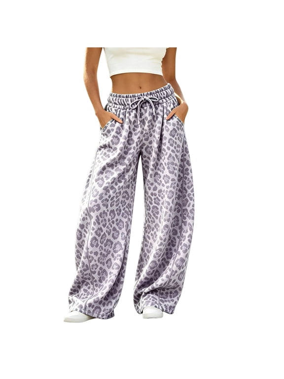 Women's Leopard Print Wide Leg Sweatpants Baggy Y2K Elastic Waist Barrel Pants 2026 Fall Flowy Casual Drawstring Lounge Trousers with Side Pockets,Purple L