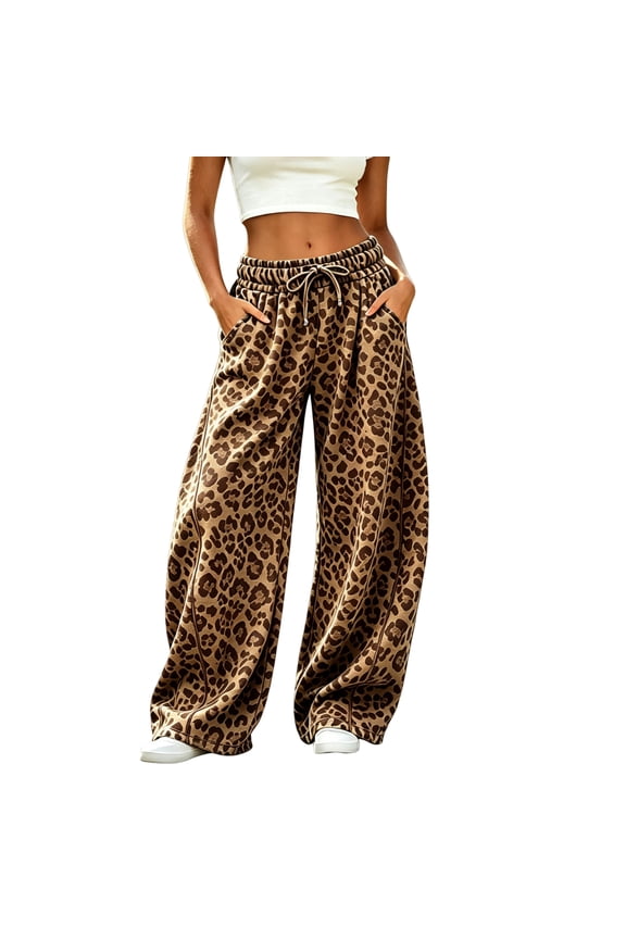 Women's Leopard Print Wide Leg Sweatpants Baggy Y2K Elastic Waist Barrel Pants 2026 Fall Flowy Casual Drawstring Lounge Trousers with Side Pockets,Brown 2XL