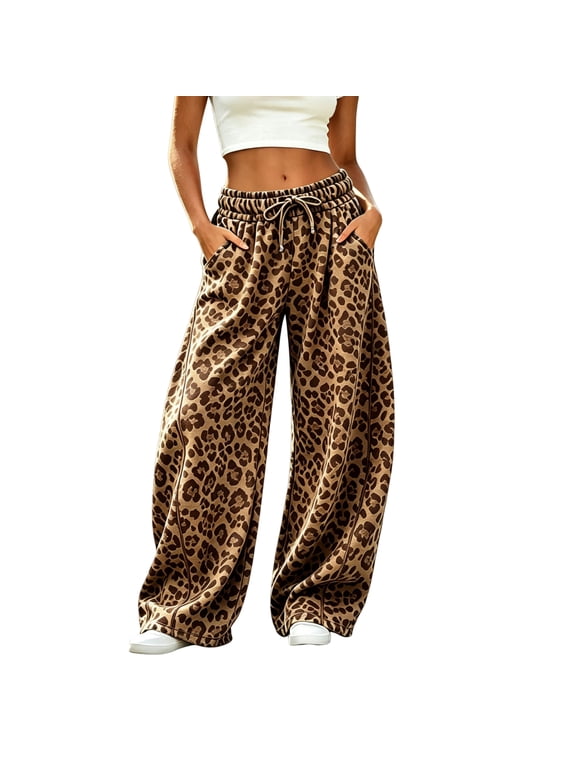 Women's Leopard Print Wide Leg Sweatpants Baggy Y2K Elastic Waist Barrel Pants 2026 Fall Flowy Casual Drawstring Lounge Trousers with Side Pockets,Brown XL