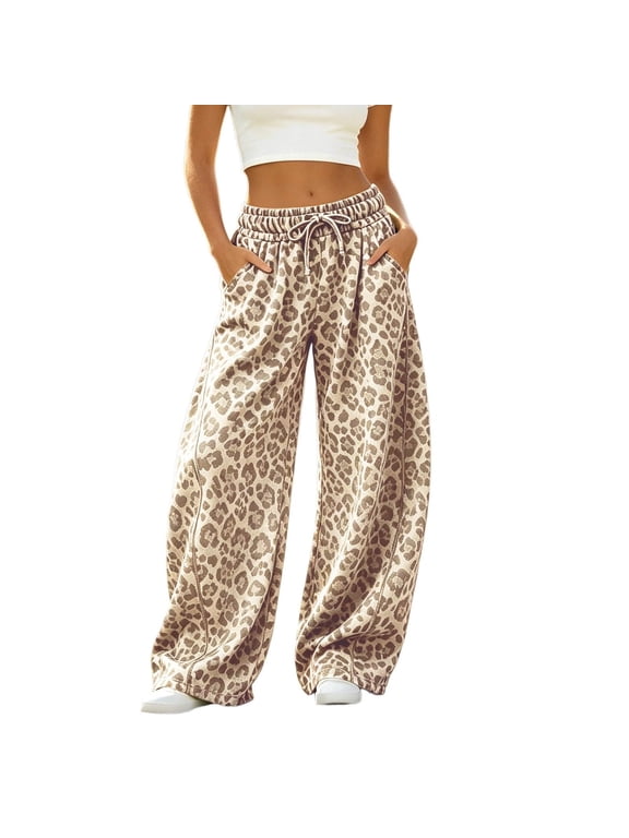 Women's Leopard Print Wide Leg Sweatpants Baggy Y2K Elastic Waist Barrel Pants 2026 Fall Flowy Casual Drawstring Lounge Trousers with Side Pockets,Beige L