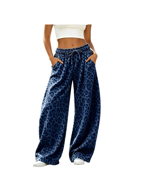 Women's Leopard Print Wide Leg Sweatpants Baggy Y2K Elastic Waist Barrel Pants 2026 Fall Flowy Casual Drawstring Lounge Trousers with Side Pockets,Navy S