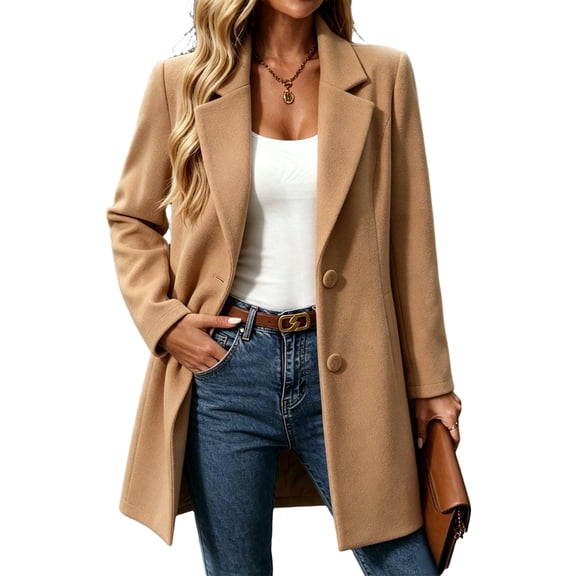 Dweltoz Women's Long Blazer Coat Notched Lapel Single Breasted Long Sleeve Button Front with Pockets Casual Fall Winter Outerwear,Khaki 2XL