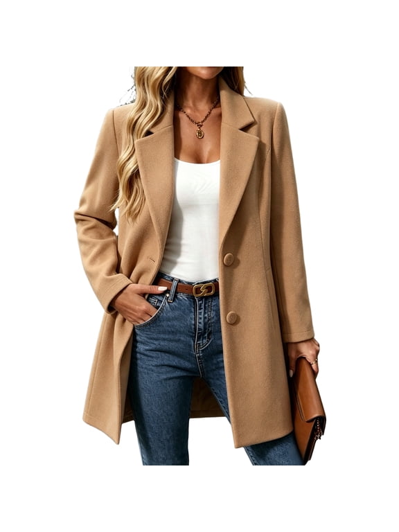 Women's Long Blazer Coat Notched Lapel Single Breasted Long Sleeve Button Front with Pockets Casual Fall Winter Outerwear,Khaki 2XL