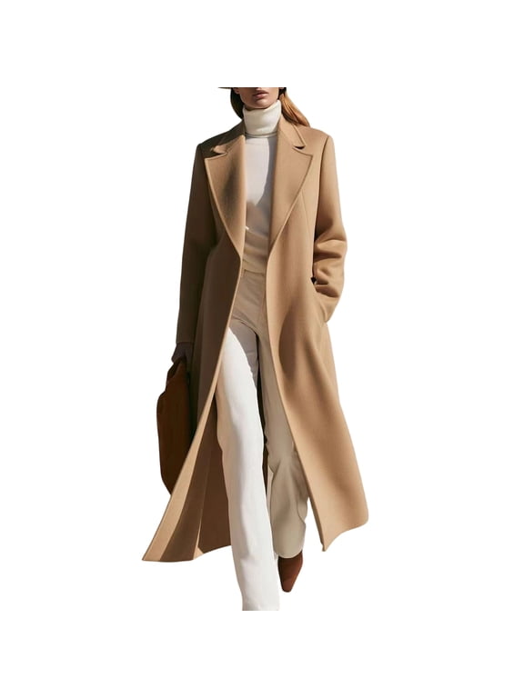 Women's Long Overcoat Lapel Collar Longline Coat Open Front Long Sleeve Back Vent Side Pockets Casual Fall Winter Outerwear,Camel M