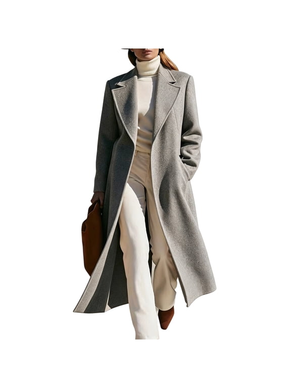 Women's Long Overcoat Lapel Collar Longline Coat Open Front Long Sleeve Back Vent Side Pockets Casual Fall Winter Outerwear,Gray S
