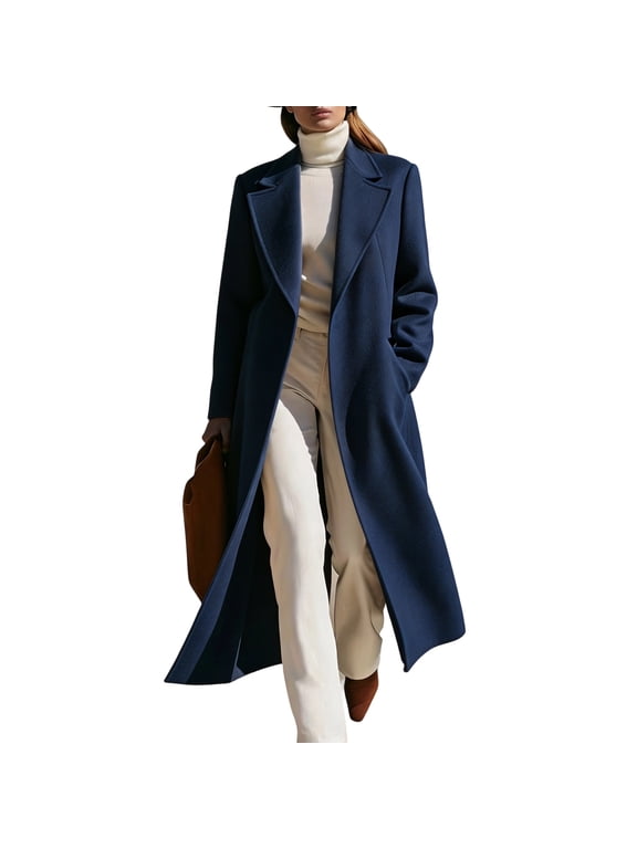 Women's Long Overcoat Lapel Collar Longline Coat Open Front Long Sleeve Back Vent Side Pockets Casual Fall Winter Outerwear,Navy L
