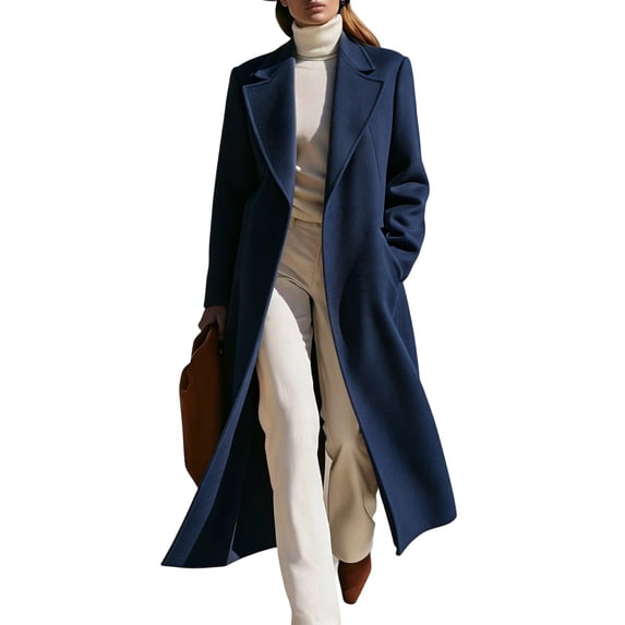 Dweltoz Women's Long Overcoat Lapel Collar Longline Coat Open Front Long Sleeve Back Vent Side Pockets Casual Fall Winter Outerwear,Navy S