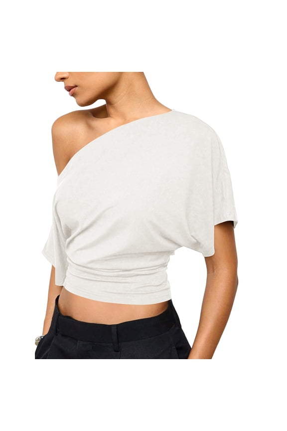 Women's Off the Shoulder Crop Tops Ruched Bat Wing Dolman Short Sleeve Y2k Tee Shirts Cinched Waist Trendy Loose Going Out,White S