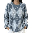 thumbnail image 1 of Dweltoz Women's Oversized Argyle Sweater Crew Neck Long Sleeve Knit Pullover Top Loose Fit Preppy Casual Fall Winter Clothes,Light Blue M, 1 of 4