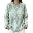 thumbnail image 1 of Dweltoz Women's Oversized Argyle Sweater Crew Neck Long Sleeve Knit Pullover Top Loose Fit Preppy Casual Fall Winter Clothes,Light Green S, 1 of 4