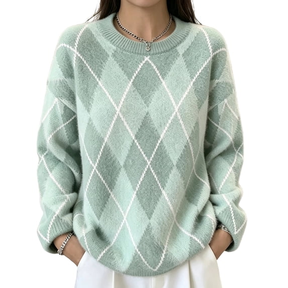 Dweltoz Women's Oversized Argyle Sweater Crew Neck Long Sleeve Knit Pullover Top Loose Fit Preppy Casual Fall Winter Clothes,Light Green S