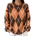 thumbnail image 1 of Dweltoz Women's Oversized Argyle Sweater Crew Neck Long Sleeve Knit Pullover Top Loose Fit Preppy Casual Fall Winter Clothes,Saffron XL, 1 of 4