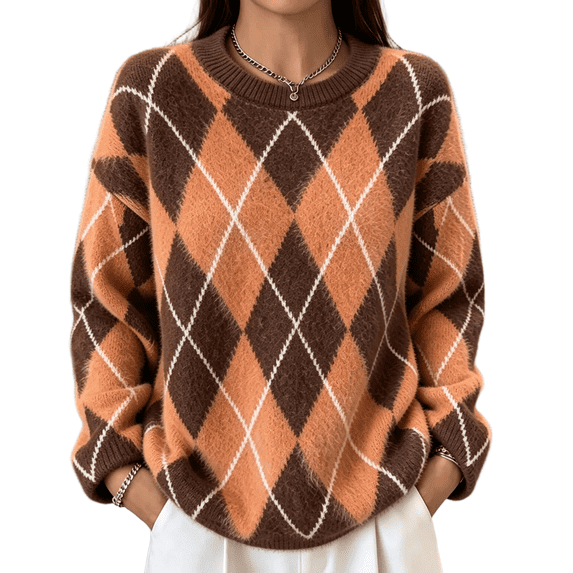 Dweltoz Women's Oversized Argyle Sweater Crew Neck Long Sleeve Knit Pullover Top Loose Fit Preppy Casual Fall Winter Clothes,Saffron XL