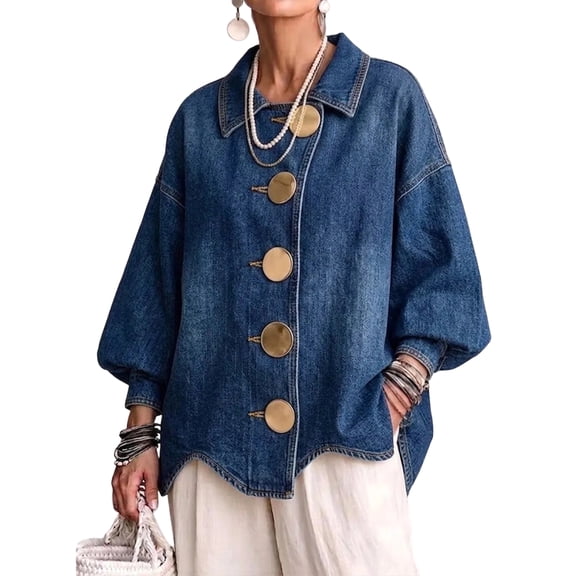 Dweltoz Women's Oversized Denim Shirt Jacket Metal Button Front Lantern Sleeve Coat Scalloped Hem Collared Jean Shacket Loose Fit Casual Top with Pockets,Dark Blue L