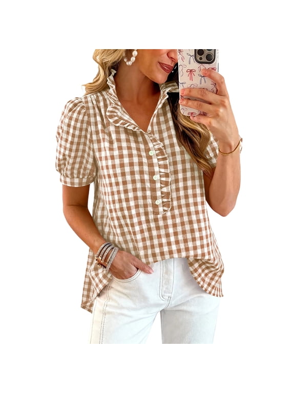 Women Plaid Shirt Ruffle V Neck Short Puff Sleeve Casual Tops Dressy Business Gingham Work Blouses,Khaki L