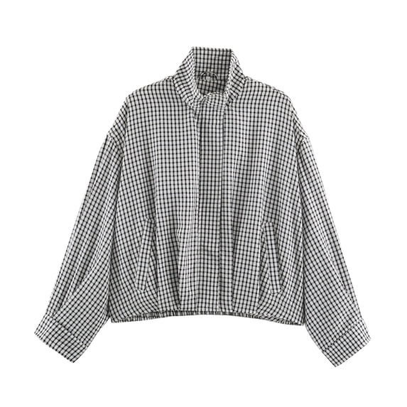 Dweltoz Women's Plaid Bomber Jacket Stand Collar Zip Up Cropped Coat Lightweight Checkered Long Sleeve Outerwear Oversized Casual Spring Fall Gingham Jacket with Pockets,Black S
