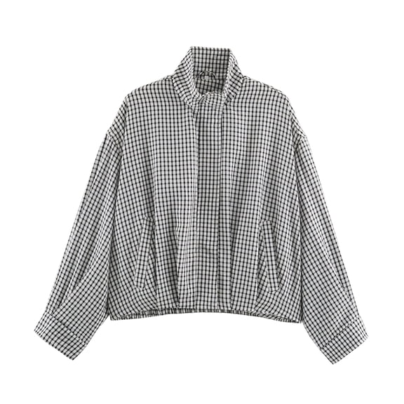 Dweltoz Women's Plaid Bomber Jacket Stand Collar Zip Up Cropped Coat Lightweight Checkered Long Sleeve Outerwear Oversized Casual Spring Fall Gingham Jacket with Pockets,Black L