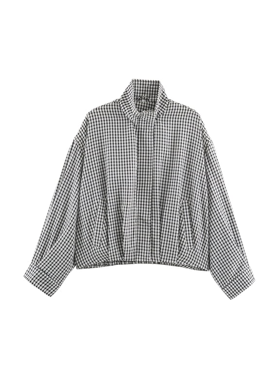 Women's Plaid Bomber Jacket Stand Collar Zip Up Cropped Coat Lightweight Checkered Long Sleeve Outerwear Oversized Casual Spring Fall Gingham Jacket with Pockets,Black L