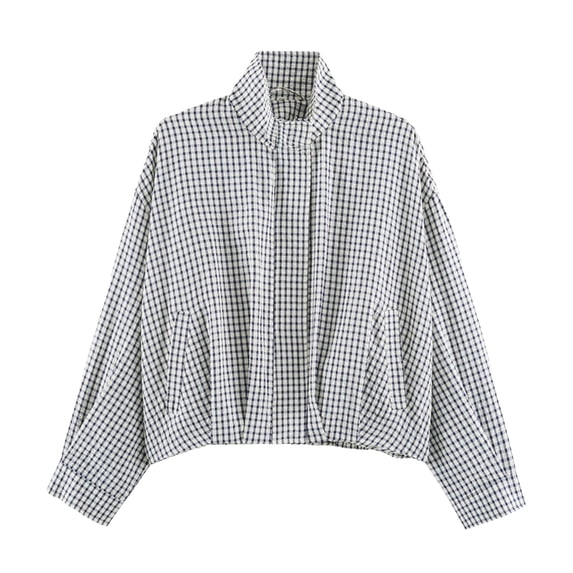 Dweltoz Women's Plaid Bomber Jacket Stand Collar Zip Up Cropped Coat Lightweight Checkered Long Sleeve Outerwear Oversized Casual Spring Fall Gingham Jacket with Pockets,Navy S