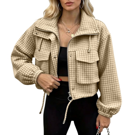 Dweltoz Women's Plaid Cropped Bomber Jacket Stand Collar Zip Up Wool Blend Coat Loose Long Sleeve Utility Windbreaker Fall Winter Casual Vintage Gingham Outerwear,Beige S