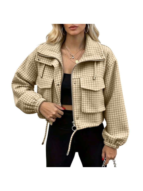 Women's Plaid Cropped Bomber Jacket Stand Collar Zip Up Wool Blend Coat Loose Long Sleeve Utility Windbreaker Fall Winter Casual Vintage Gingham Outerwear,Beige S