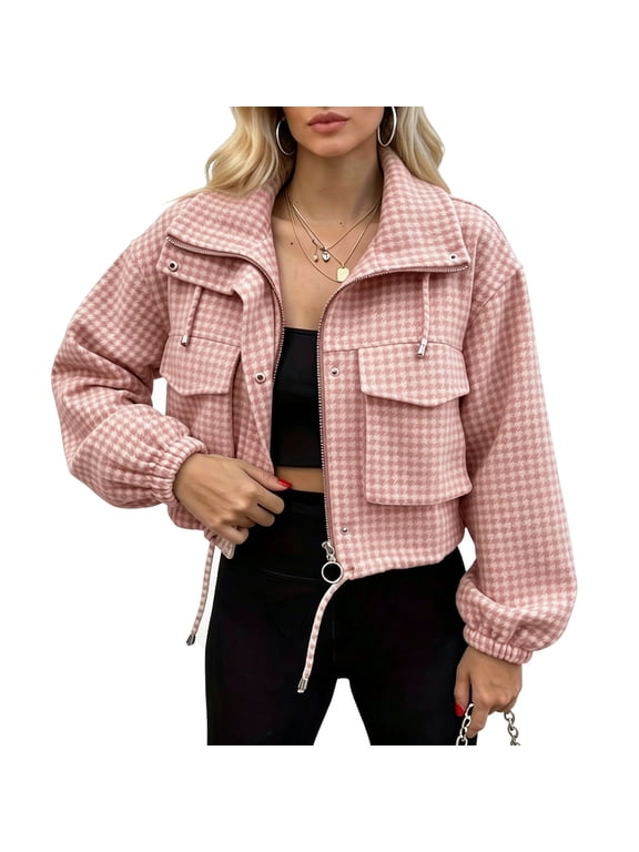 Women's Plaid Cropped Bomber Jacket Stand Collar Zip Up Wool Blend Coat Loose Long Sleeve Utility Windbreaker Fall Winter Casual Vintage Gingham Outerwear,Pink 2XL