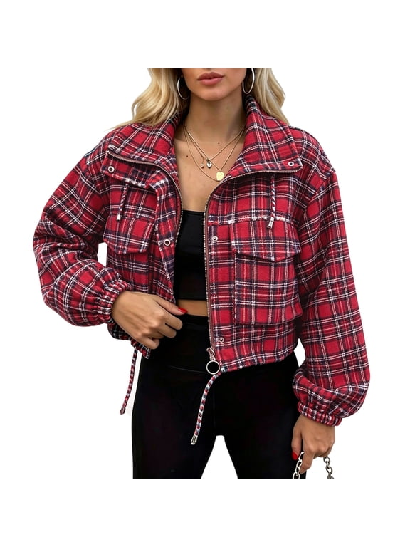 Women's Plaid Cropped Bomber Jacket Stand Collar Zip Up Wool Blend Coat Loose Long Sleeve Utility Windbreaker Fall Winter Casual Vintage Gingham Outerwear,Wine S