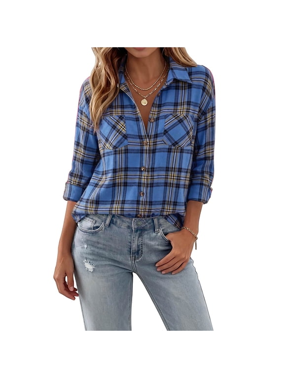 Women's Plaid Flannel Shirt Soft Long Sleeve Lightweight Casual Button Down Jacket with Pockets 2026 Fall Fashion Blouses,Blue L