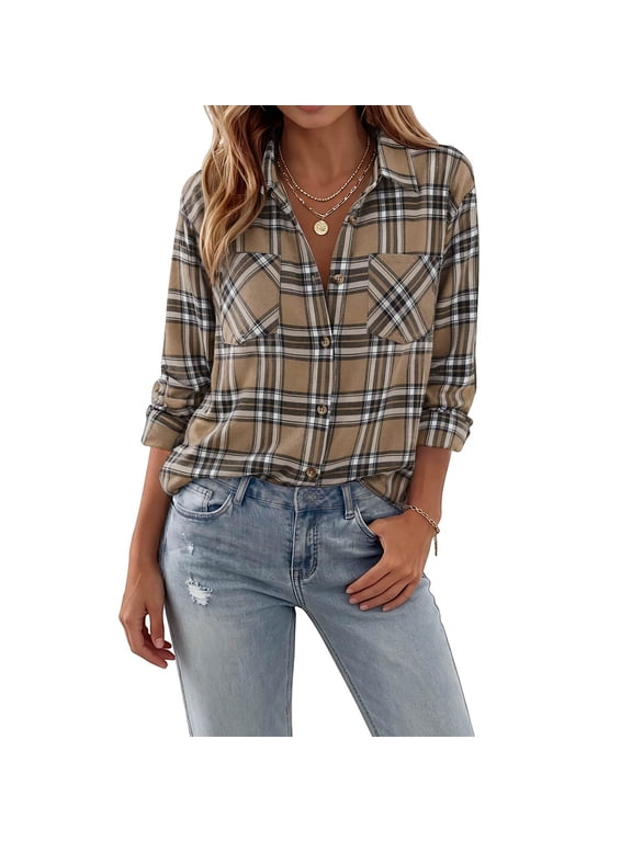 Women's Plaid Flannel Shirt Soft Long Sleeve Lightweight Casual Button Down Jacket with Pockets 2026 Fall Fashion Blouses,Light Brown L