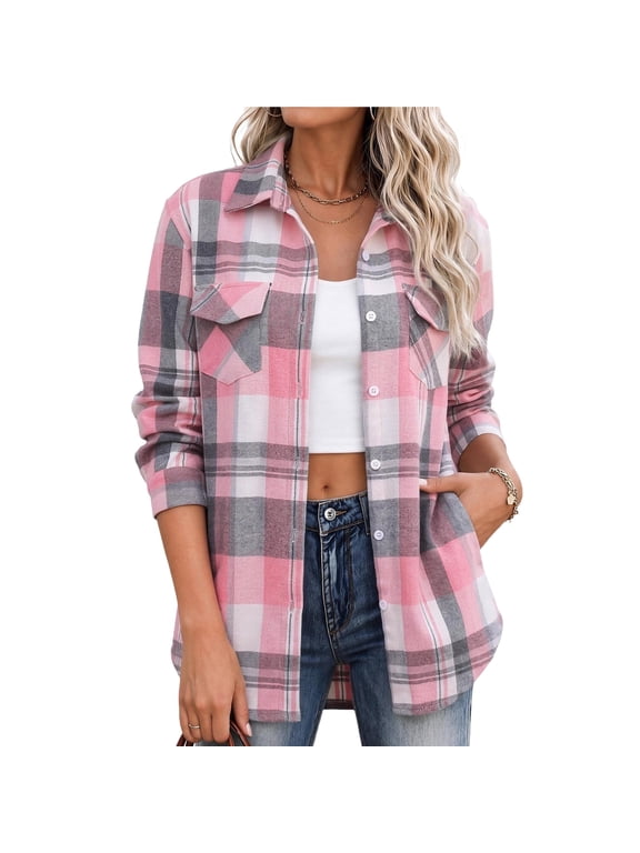 Women's Plaid Flannel Shirt Soft Long Sleeve Lightweight Casual Button Down Jacket with Pockets 2026 Fall Fashion Blouses,Pink XL