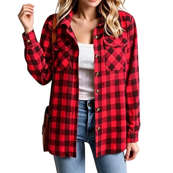 Dweltoz Women's Plaid Flannel Shirt Soft Long Sleeve Lightweight Casual Button Down Jacket with Pockets 2026 Fall Fashion Blouses,Wine XL